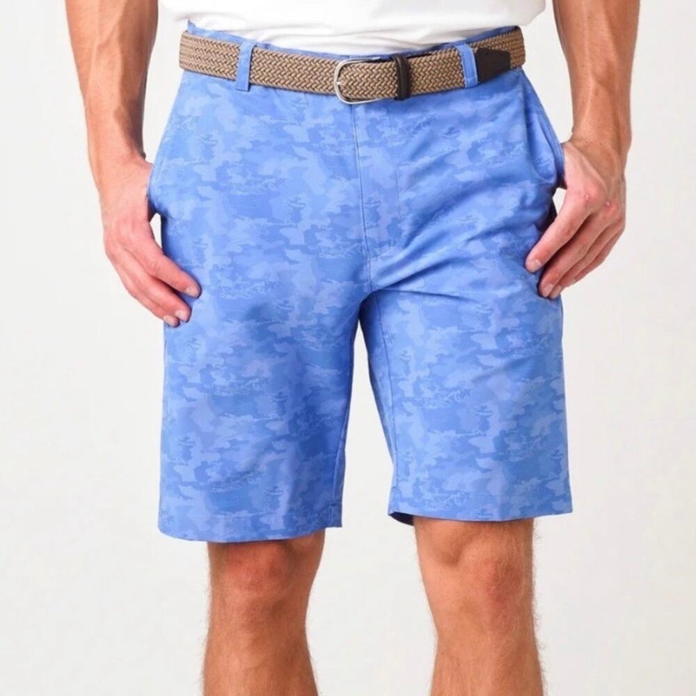 Peter Millar Shackleford Camo Performance Hybrid Golf Shorts Blue Sea Size 36